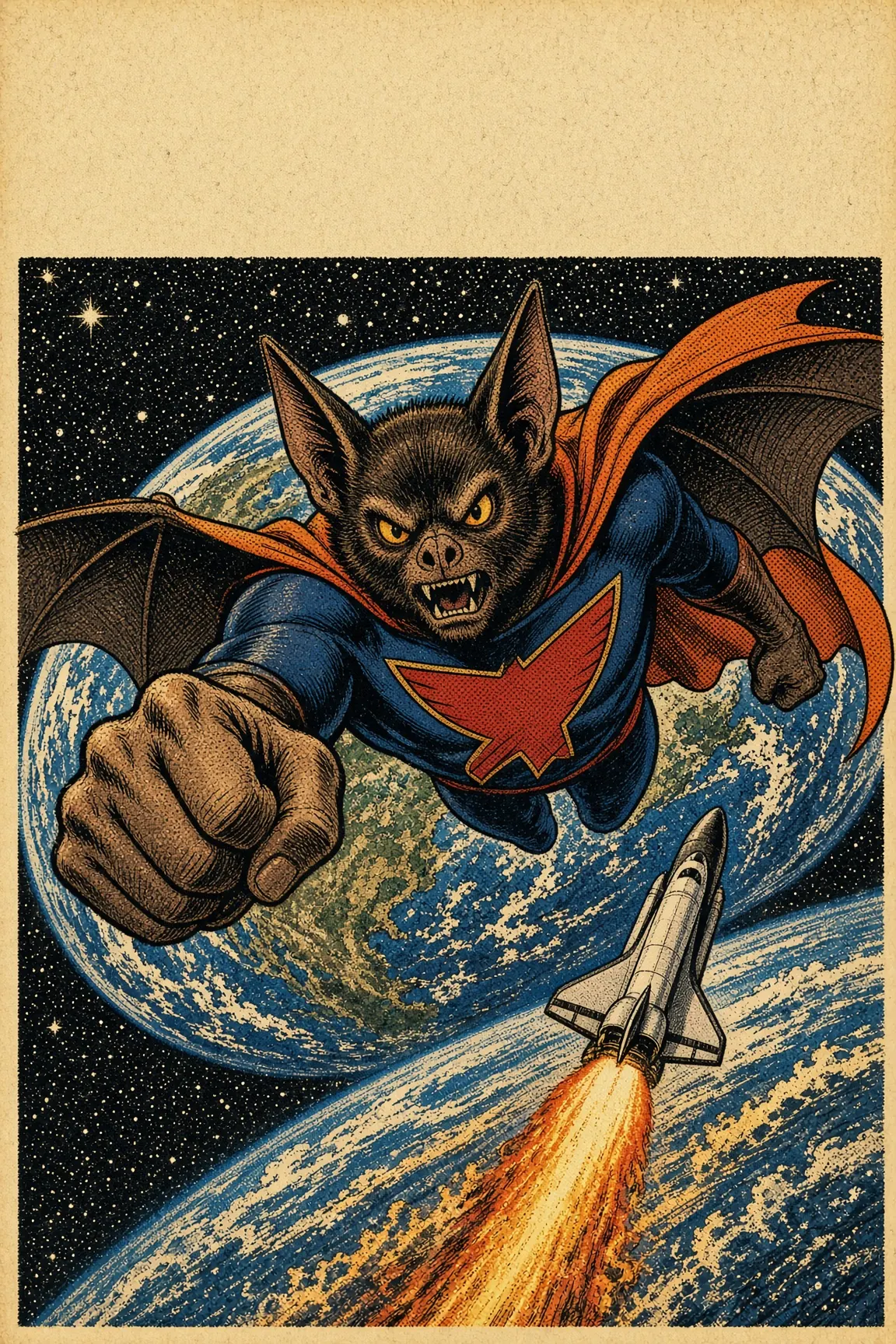 Tongue-in-cheek SpaceBat mascot — a bat in a foam cape punching toward camera.