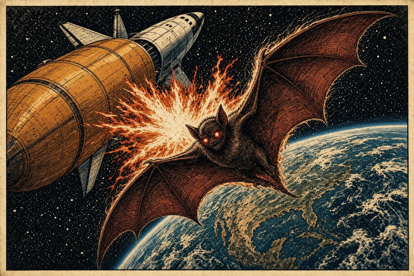 Tongue-in-cheek drawing of the bat picking up a cape in orbit.