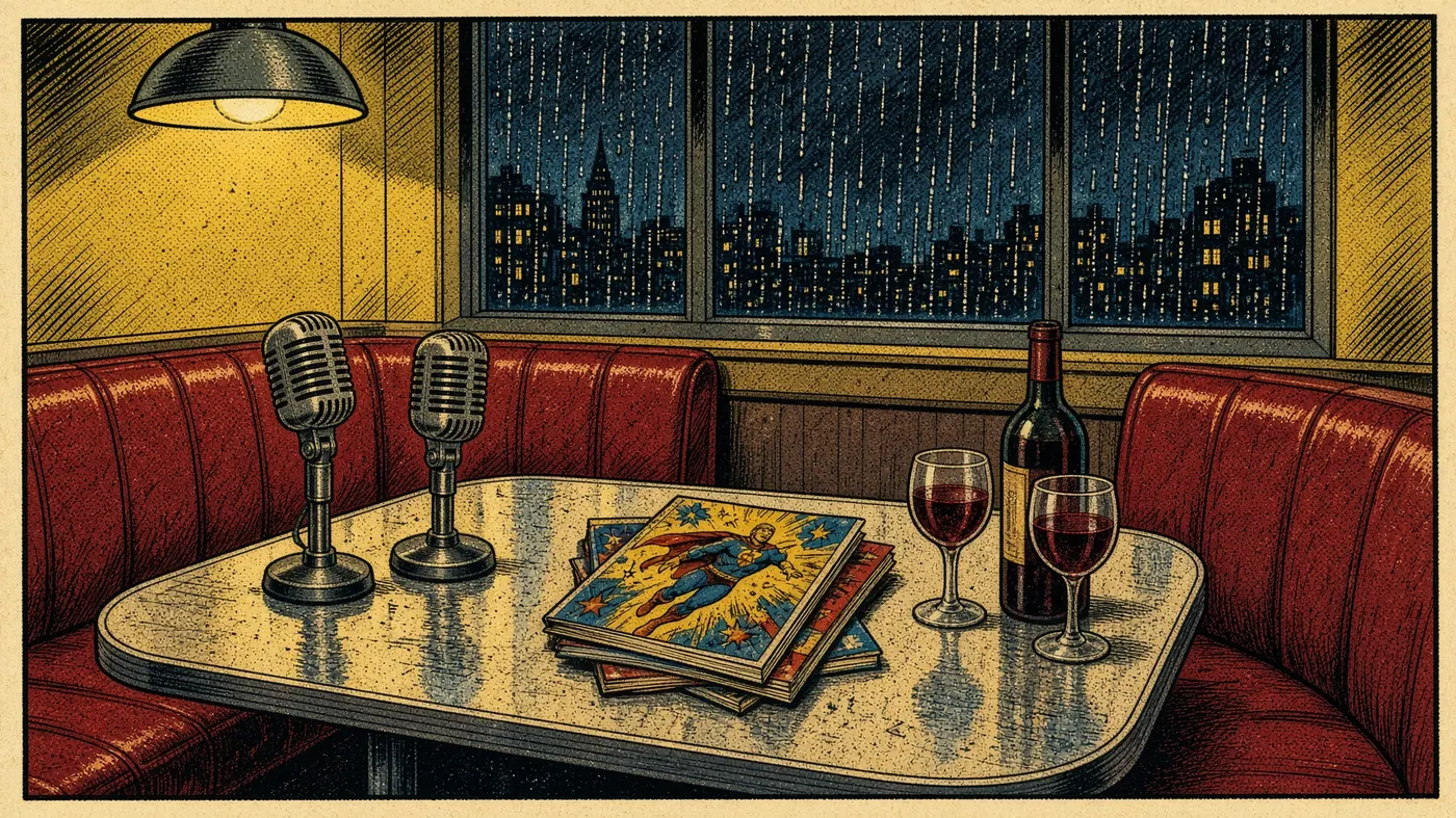 Empty diner booth with two microphones, a stack of comics, and wine.
