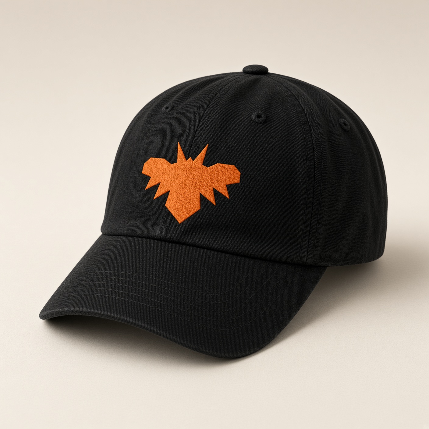 Black dad hat with a small orange embroidered SpaceBat emblem.